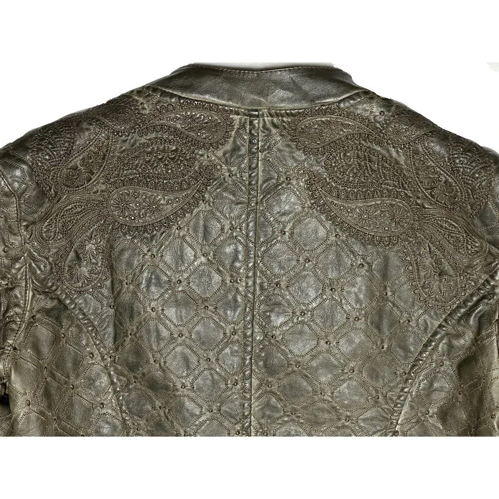 NEW Allen Schwartz Womens Small Lattice Embroidered Brown Faux Leather Jacket